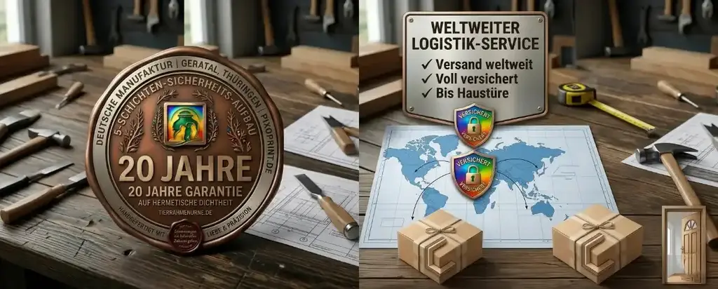 Weltweiter Versand und 20 Jahre Garantiesiegel für unsere Tierrahmenurnen