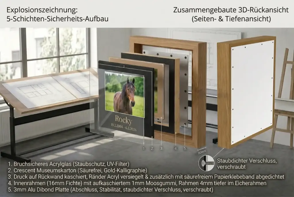 Explosiensansicht unserer Haustierurnen als Gedenkrahmen für Pferde