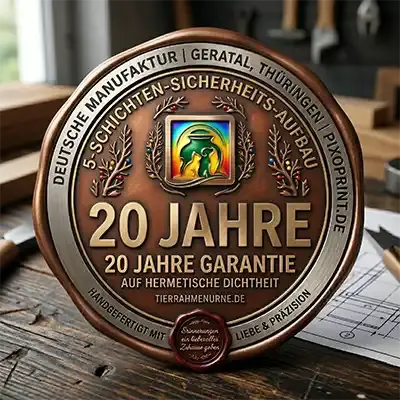 Garantiesiegel von Tierrahmenurne.de zeigt 20 Jahre Garantie auf Haustierurnen